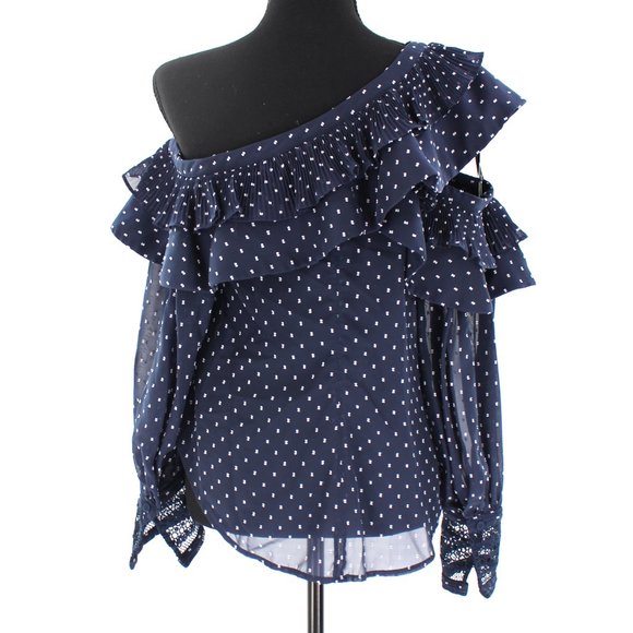 Self-Portrait Navy White Swiss Dot Plumetis Frilled One Shoulder Blouse Top 0 XS - Picture 7 of 9